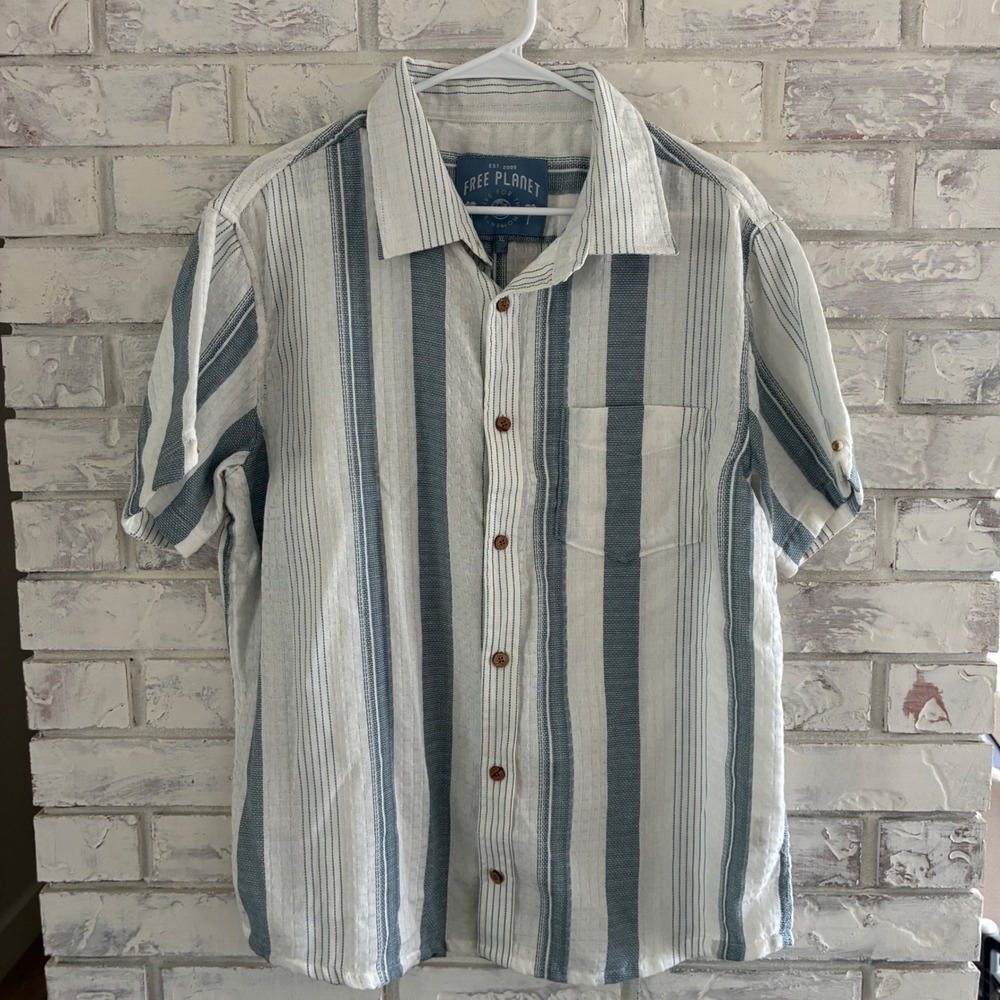 Free Planet Mens XL Camp Collar Button Up Shirt Blue Gray White Striped Cotton